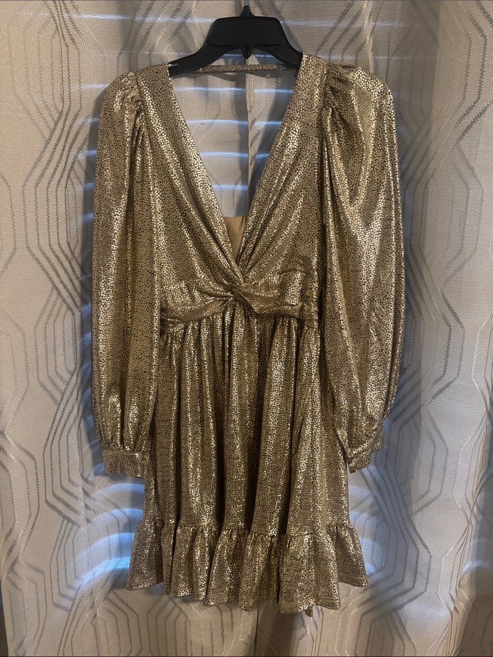 Skies Are Blue Metallic Gold Long Sleeve Party Dress